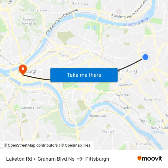 Laketon Rd + Graham Blvd Ns to Pittsburgh map