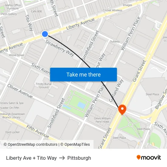 Liberty Ave + Tito Way to Pittsburgh map