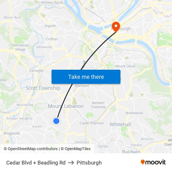 Cedar Blvd + Beadling Rd to Pittsburgh map