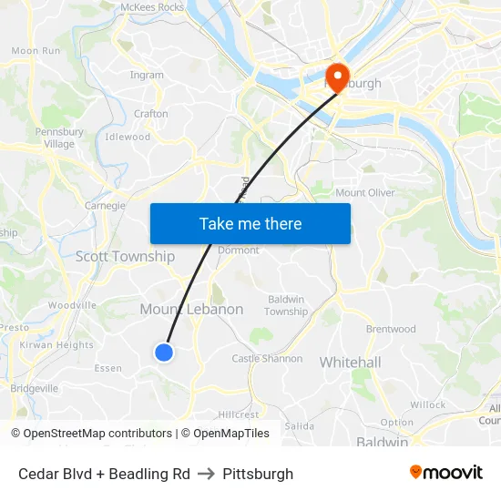 Cedar Blvd + Beadling Rd to Pittsburgh map