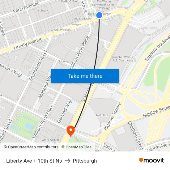 Liberty Ave + 10th St Ns to Pittsburgh map
