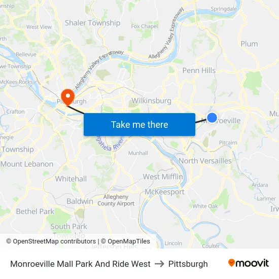 Monroeville Mall Park And Ride West to Pittsburgh map