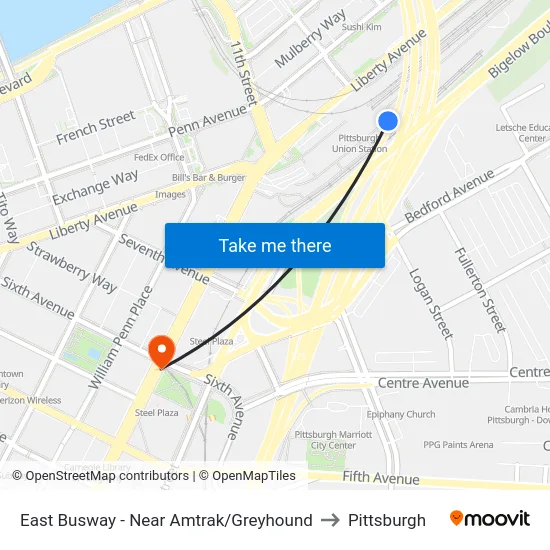 East Busway - Near Amtrak/Greyhound to Pittsburgh map