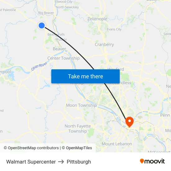 Walmart Supercenter to Pittsburgh map