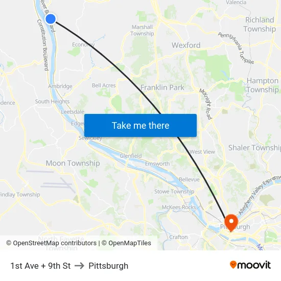 1st Ave + 9th St to Pittsburgh map