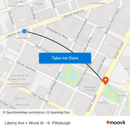 Liberty Ave + Wood St to Pittsburgh map