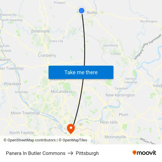 Panera In Butler Commons to Pittsburgh map