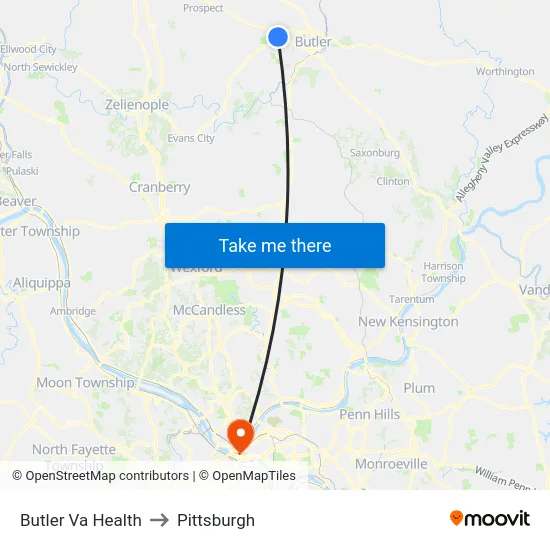 Butler Va Health to Pittsburgh map