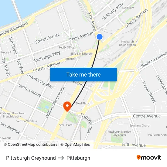 Pittsburgh Greyhound to Pittsburgh map