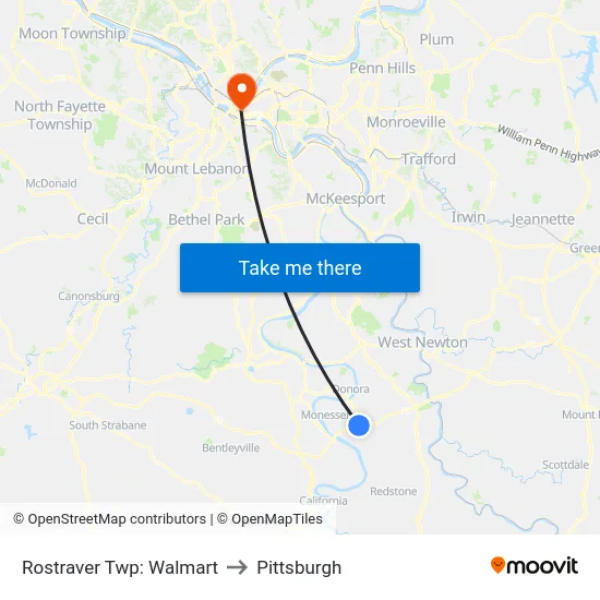 Rostraver Twp: Walmart to Pittsburgh map