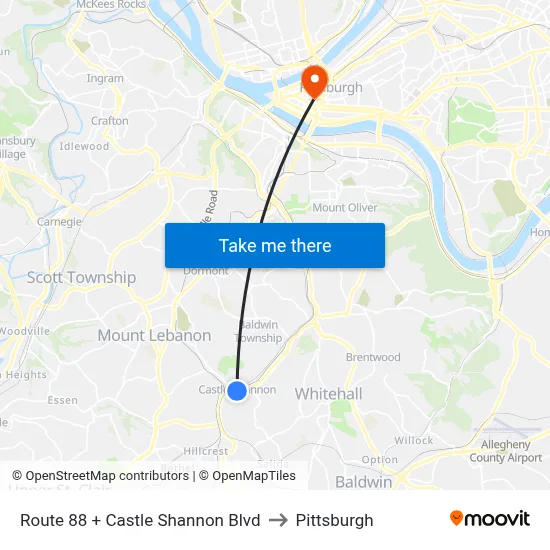 Route 88 + Castle Shannon Blvd to Pittsburgh map