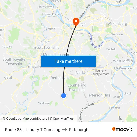 Route 88 + Library T Crossing to Pittsburgh map