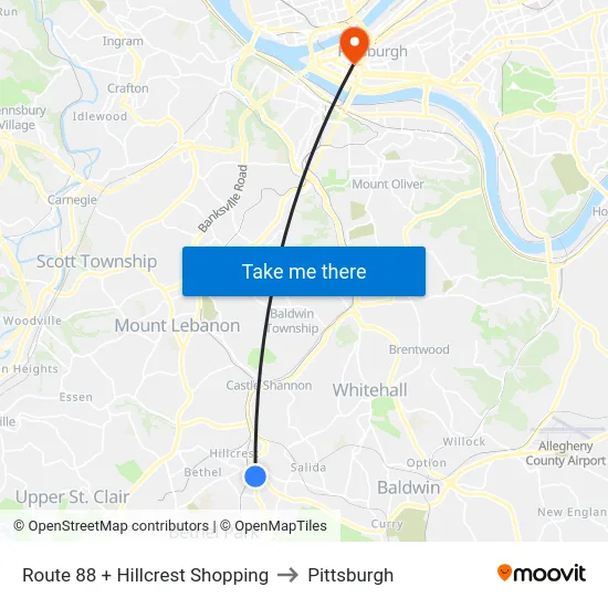 Route 88 + Hillcrest Shopping to Pittsburgh map