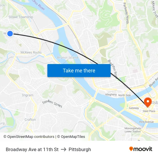 Broadway Ave + 11th St to Pittsburgh map