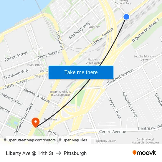 Liberty Ave @ 14th St to Pittsburgh map