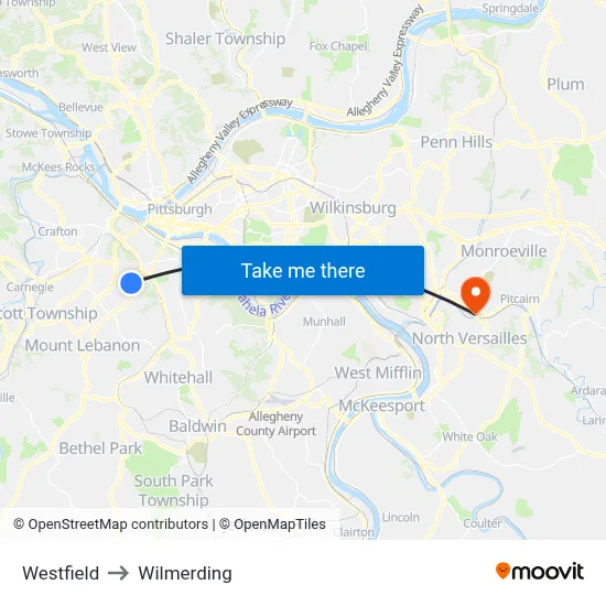 Westfield to Wilmerding map