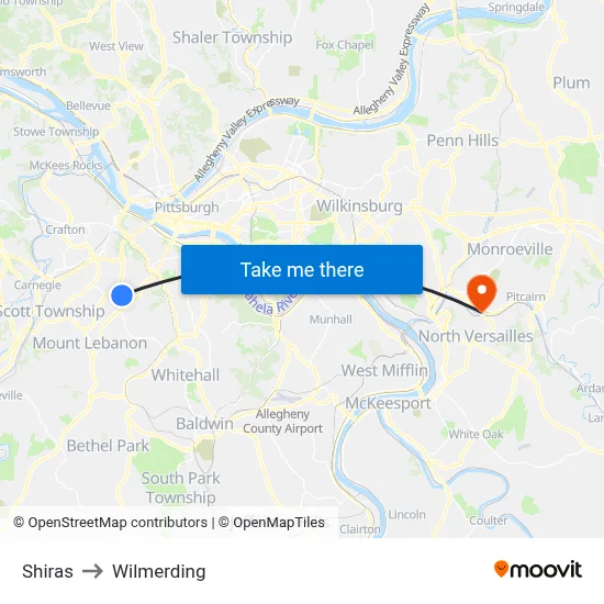Shiras to Wilmerding map