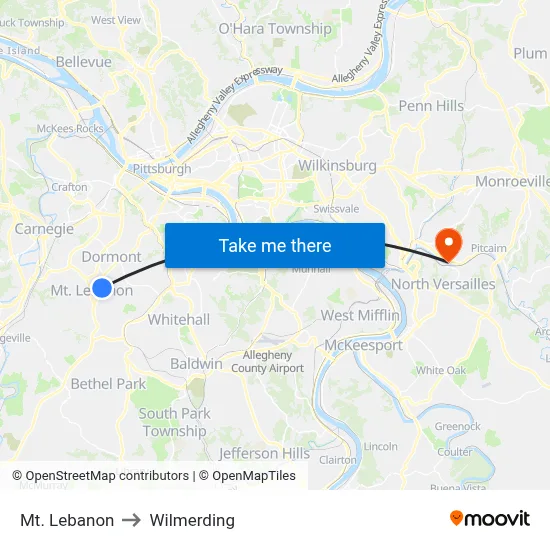 Mt. Lebanon to Wilmerding map