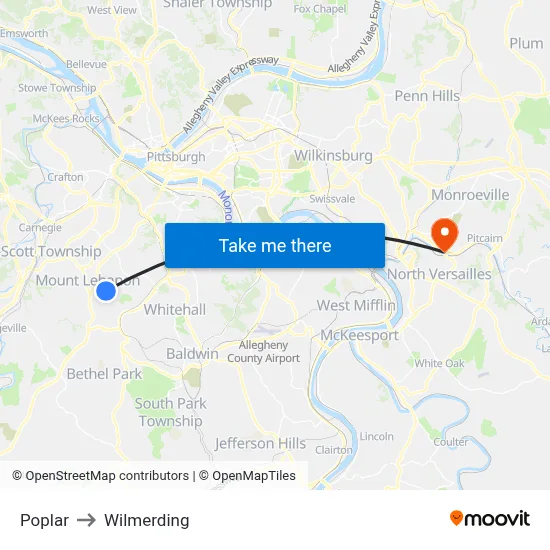Poplar to Wilmerding map