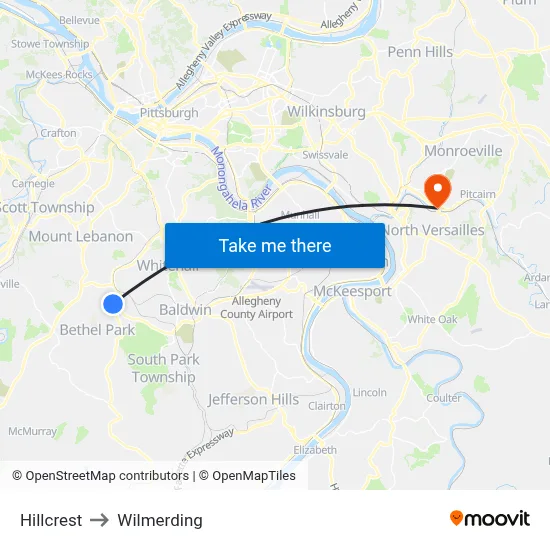 Hillcrest to Wilmerding map