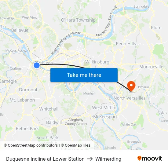 Duquesne Incline at Lower Station to Wilmerding map