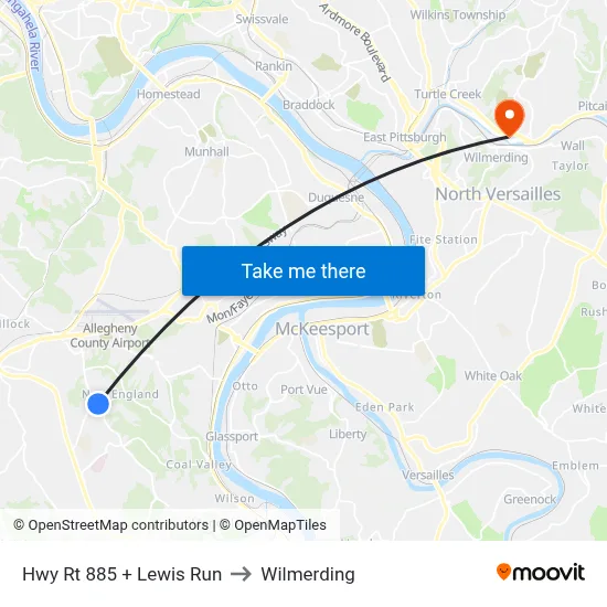 Hwy Rt 885 + Lewis Run to Wilmerding map