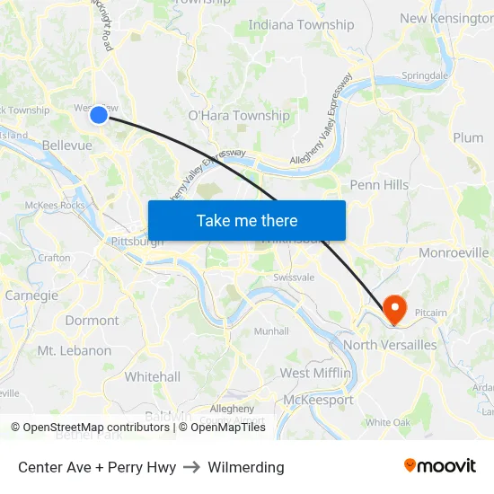 Center Ave + Perry Hwy to Wilmerding map