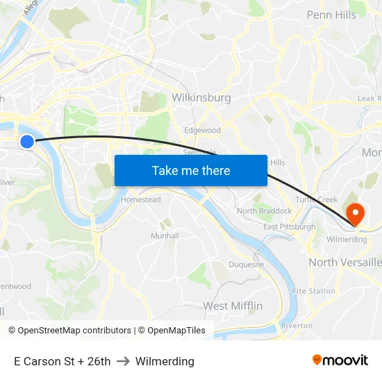E Carson St + 26th to Wilmerding map