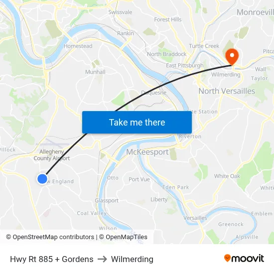 Hwy Rt 885 + Gordens to Wilmerding map