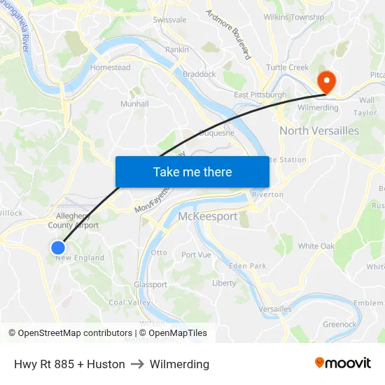 Hwy Rt 885 + Huston to Wilmerding map
