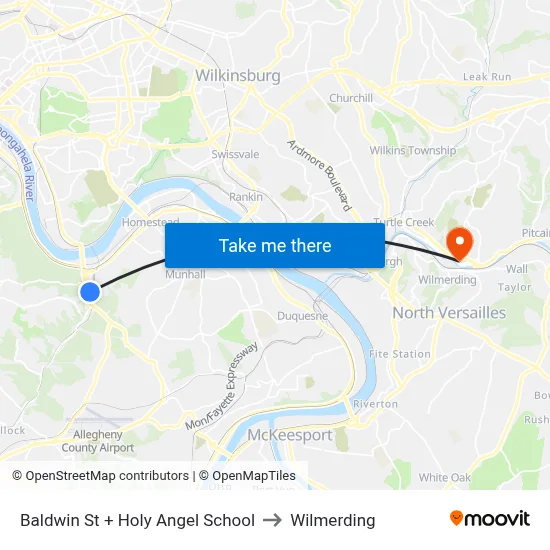 Baldwin St + Holy Angel School to Wilmerding map