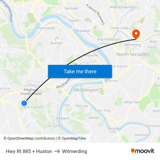 Hwy Rt 885 + Huston to Wilmerding map
