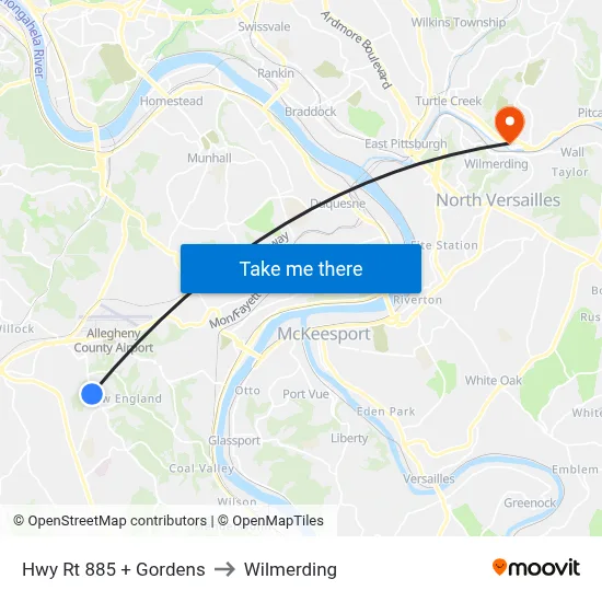 Hwy Rt 885 + Gordens to Wilmerding map
