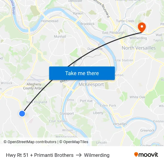Hwy Rt 51 + Primanti Brothers to Wilmerding map