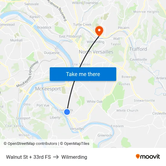 Walnut St + 33rd FS to Wilmerding map