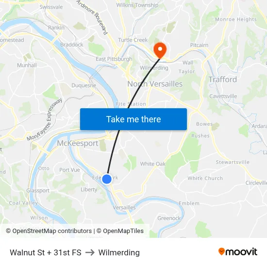 Walnut St + 31st FS to Wilmerding map