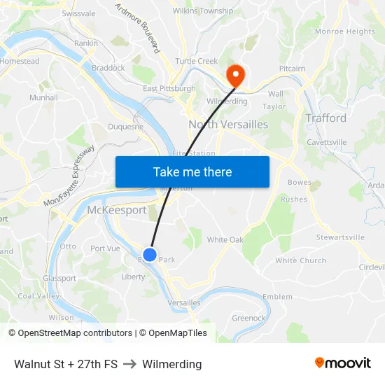 Walnut St + 27th FS to Wilmerding map