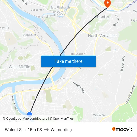 Walnut St + 15th FS to Wilmerding map