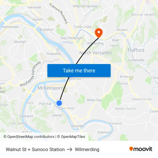 Walnut St + Sunoco Station to Wilmerding map