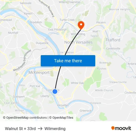 Walnut St + 33rd to Wilmerding map