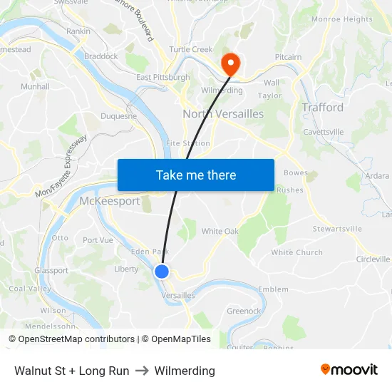 Walnut St + Long Run to Wilmerding map