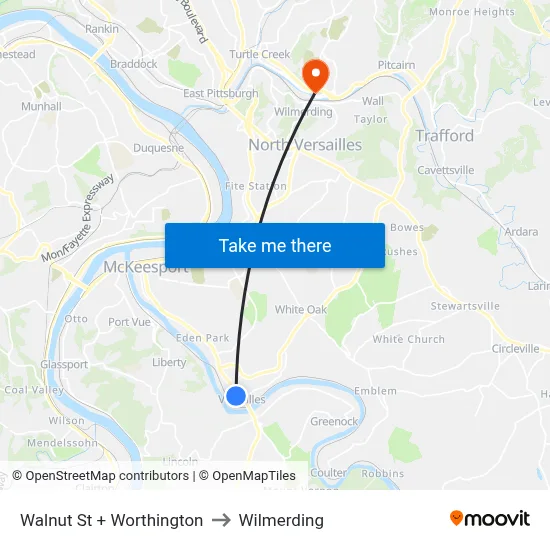 Walnut St + Worthington to Wilmerding map