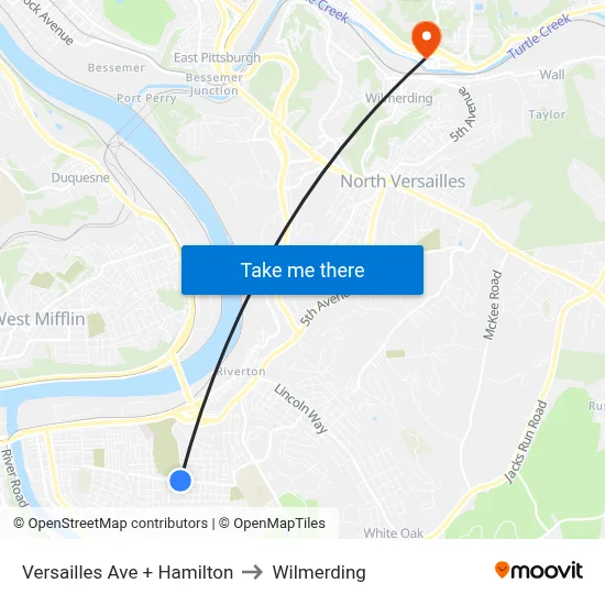 Versailles Ave + Hamilton to Wilmerding map