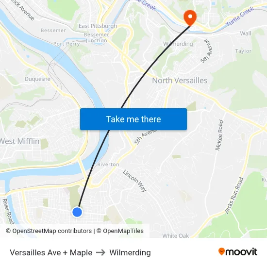 Versailles Ave + Maple to Wilmerding map