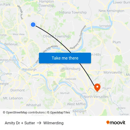 Amity Dr + Sutter to Wilmerding map