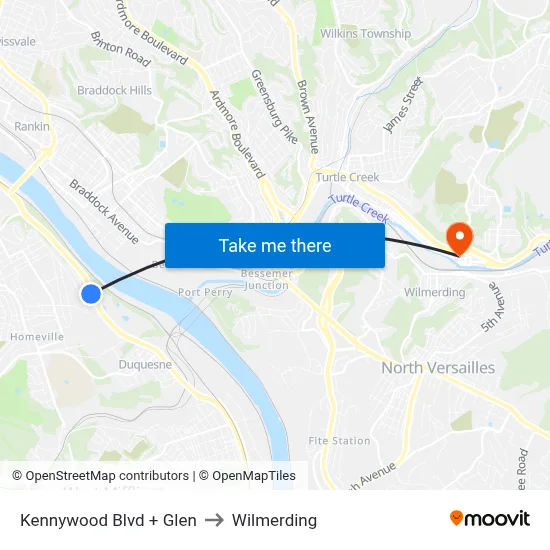 Kennywood Blvd + Glen to Wilmerding map