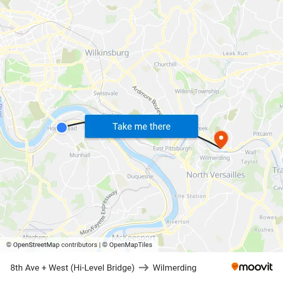 8th Ave + West (Hi-Level Bridge) to Wilmerding map