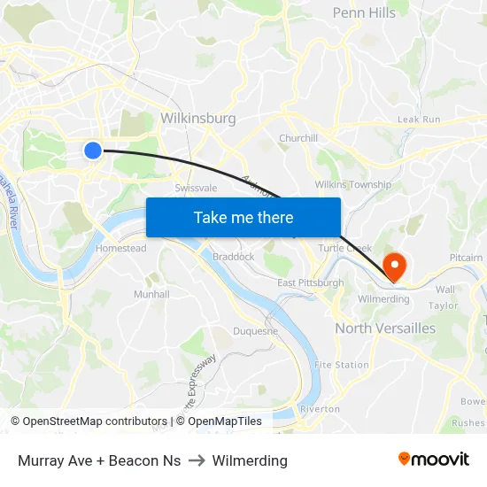 Murray Ave + Beacon Ns to Wilmerding map