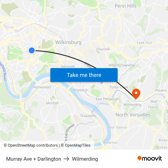 Murray Ave + Darlington to Wilmerding map