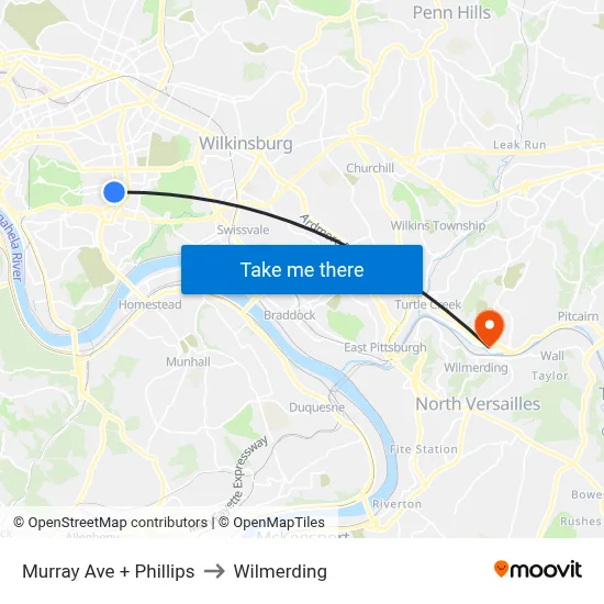Murray Ave + Phillips to Wilmerding map